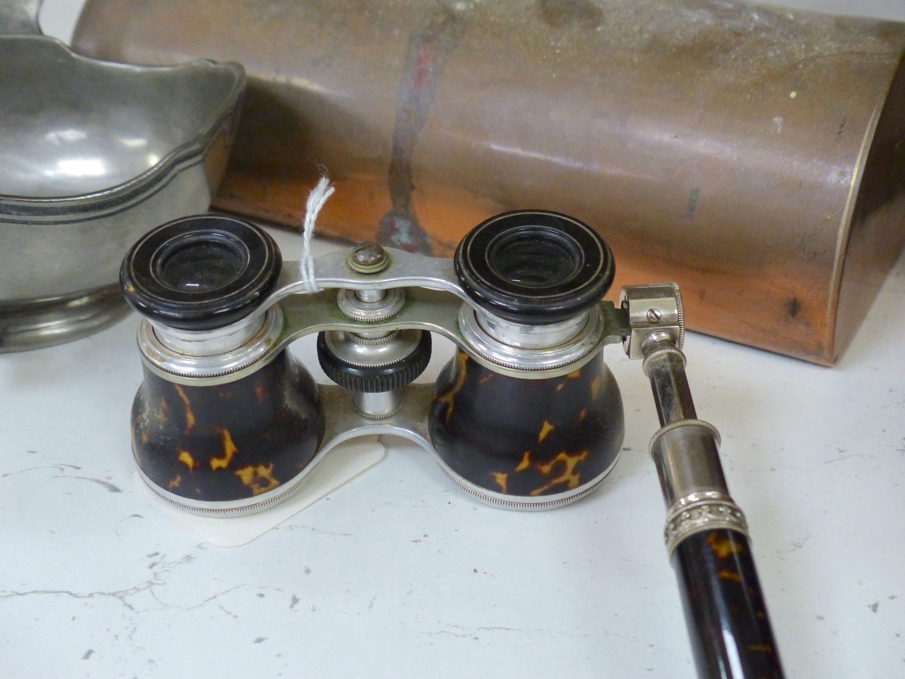 Miscellaneous items, including a pewter inkwell, three pairs of cut steel scissors, leather-cased, a pair of opera glasses, a copper jug, etc.